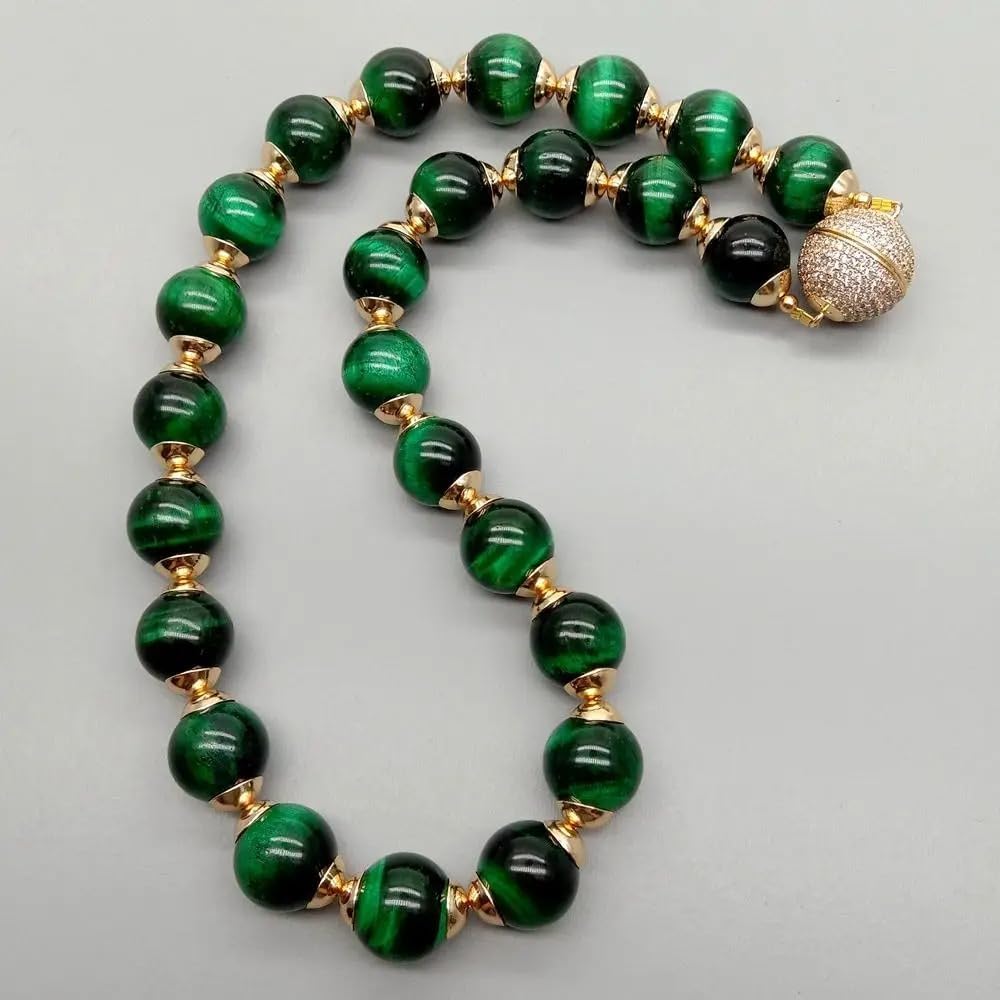 Green Tiger's Eye Beaded Choker Necklace, 14mm Round Beads, 18.5 Inches, Gold-Tone Magnetic CZ Clasp