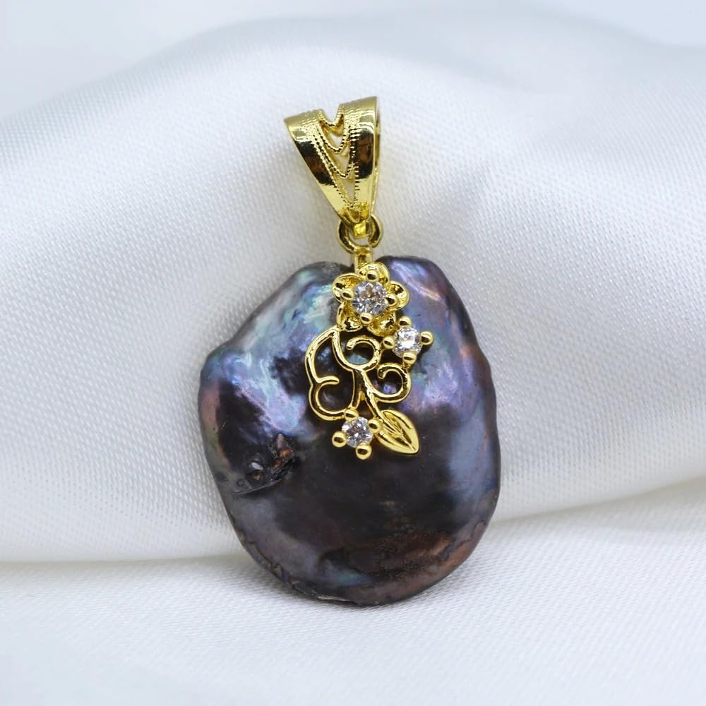 Black Baroque Pearl Pendant, 24mm Natural Freshwater Pearl, Gold-Plated Sterling Silver with Zircon Stones