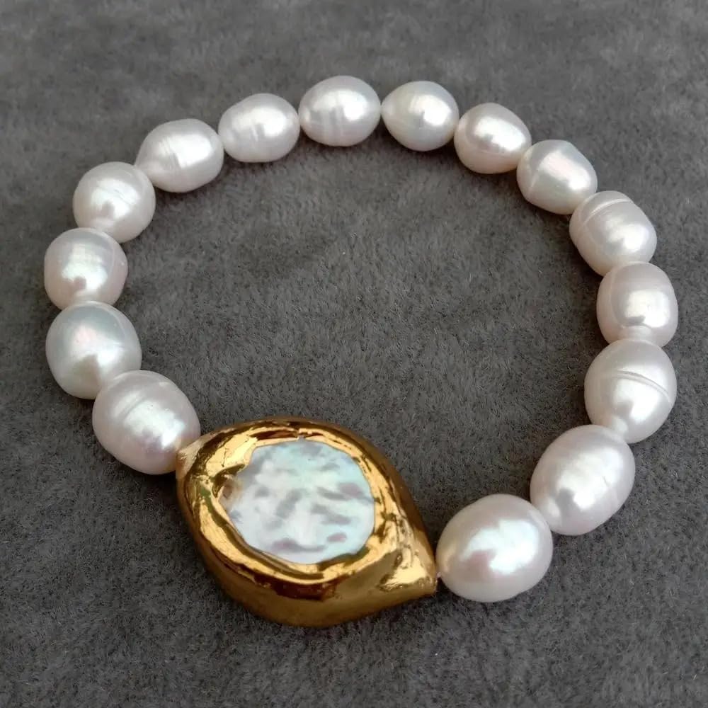 Natural White Rice Pearl Bracelet with Gold Plated Keshi Pearl Accent, Elastic