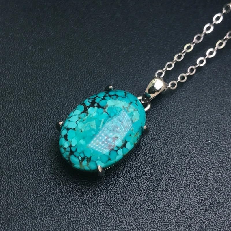 Natural Turquoise Sterling 925 Silver Reticulate Pattern Oval Necklace