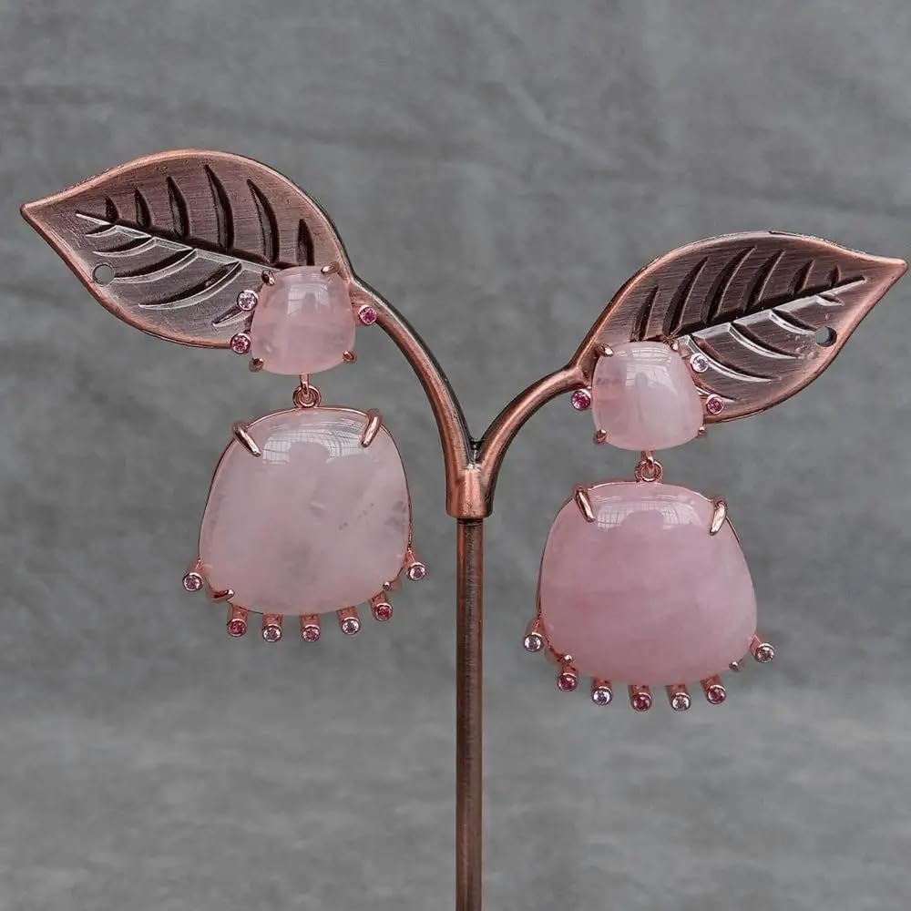 Elegant Rose Quartz Drop Earrings, Rose Gold Plated, Pink Crystal with CZ Accents, 23mm, Statement Jewelry