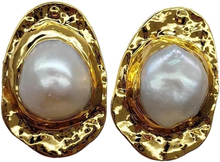 Elegant Freshwater Baroque Pearl Stud Earrings, Gold-Tone Hammered Frame, White Cultured Pearl, Wedding Jewelry