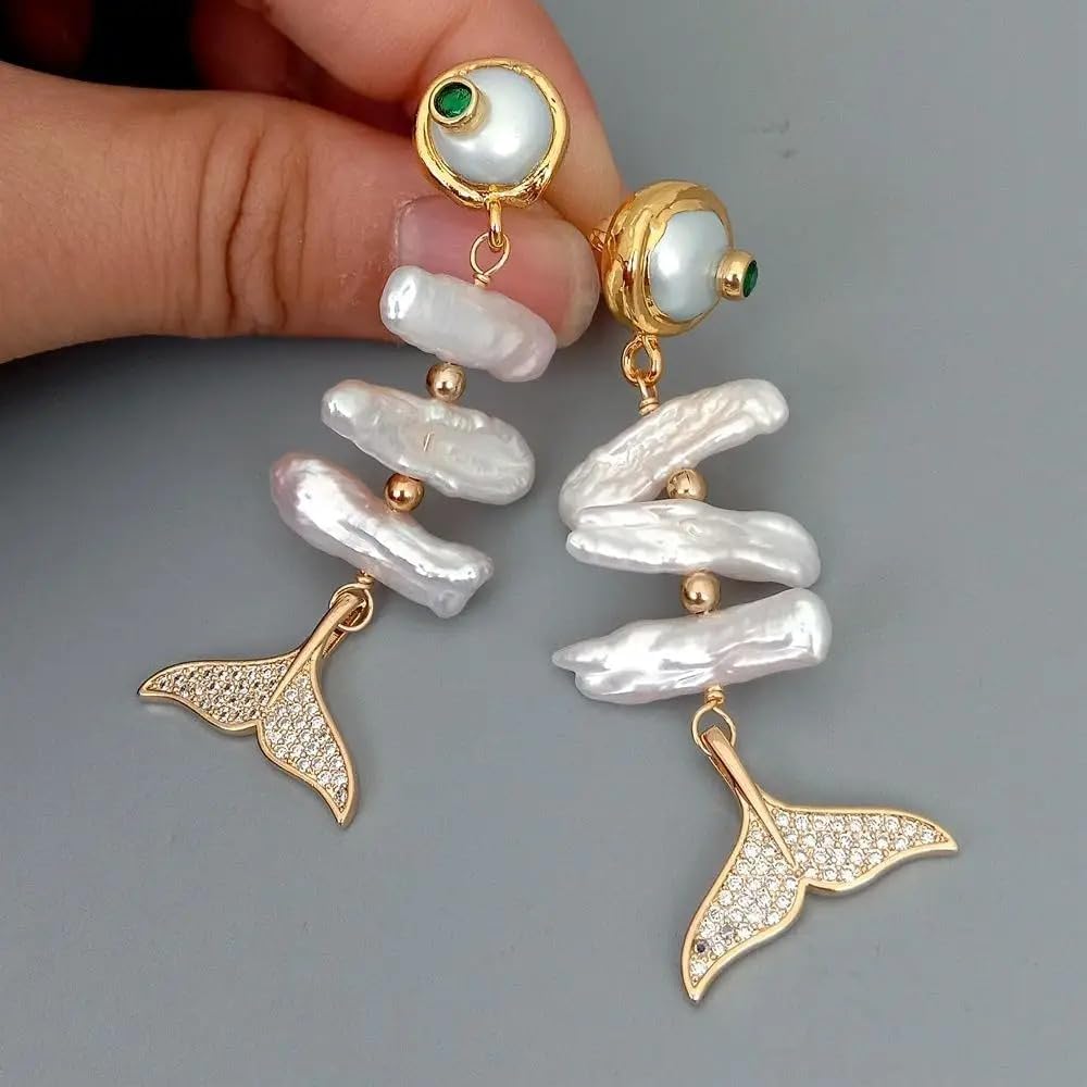 Elegant Pearl Drop Earrings, White Biwa Freshwater Cultured Pearl with CZ Pave Mermaid Tail, Gold Plated Stud Design