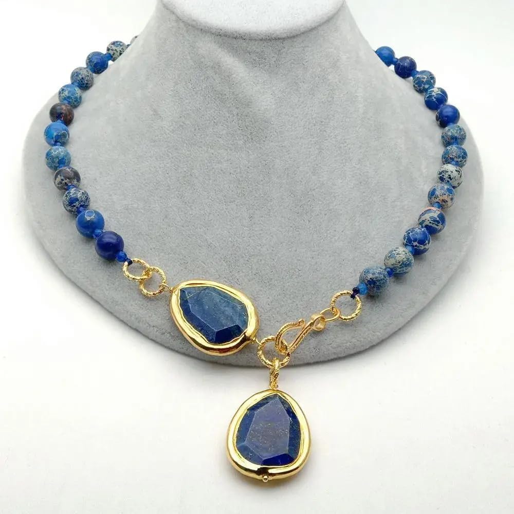 Natural Blue Sea Sediment Jasper Lapis Chunk Pendant Necklace | Round Shape, Natural Stone, Sea Sediment Jasper, Blue Lapis, Pendant Style