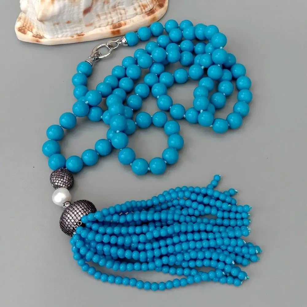 10mm Blue Turquoise Long Necklace with Cubic Zirconia Pave Pearl Tassel