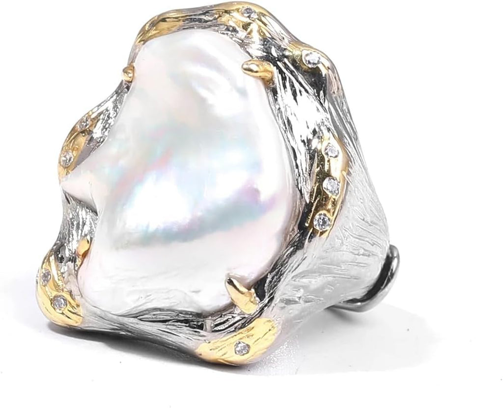 S925 Sterling Silver Baroque Pearl Ring, Natural Freshwater Pearl, Two-Tone Silver Gold, Irregular Pattern