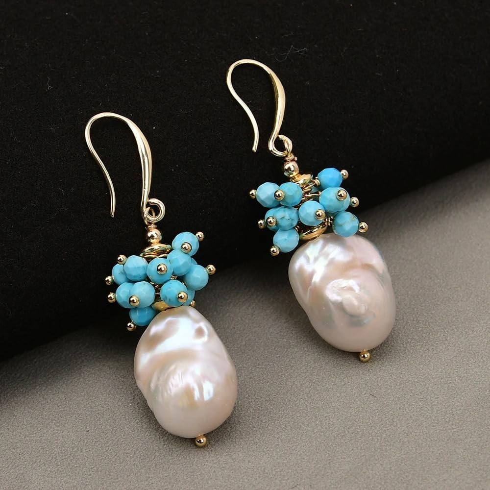 Baroque Pearl and Turquoise Drop Earrings, White Keshi Cultured Pearls with Blue Beads, Gold-Colored Hook Design