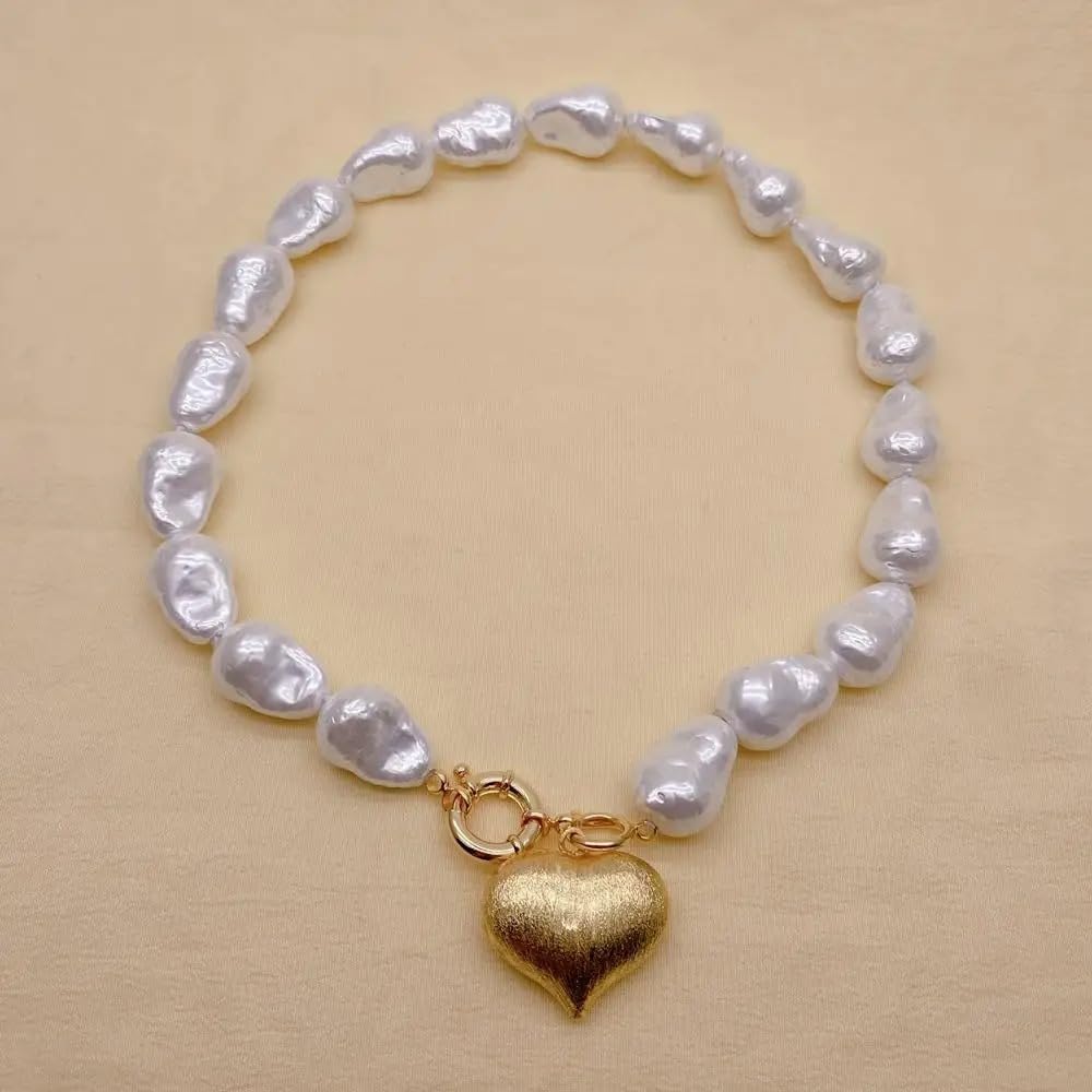 Baroque White Sea Shell Pearl Necklace with Brushed Gold Heart Pendant, 15x22mm Pearls, 30x26mm Pendant