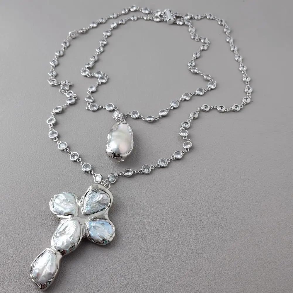 Handmade Baroque Pearl Cross Necklace, White, Silver Rosary Chain, 19x33mm Pearl Crucifix Pendant, 2 Strands, Bohemian Style