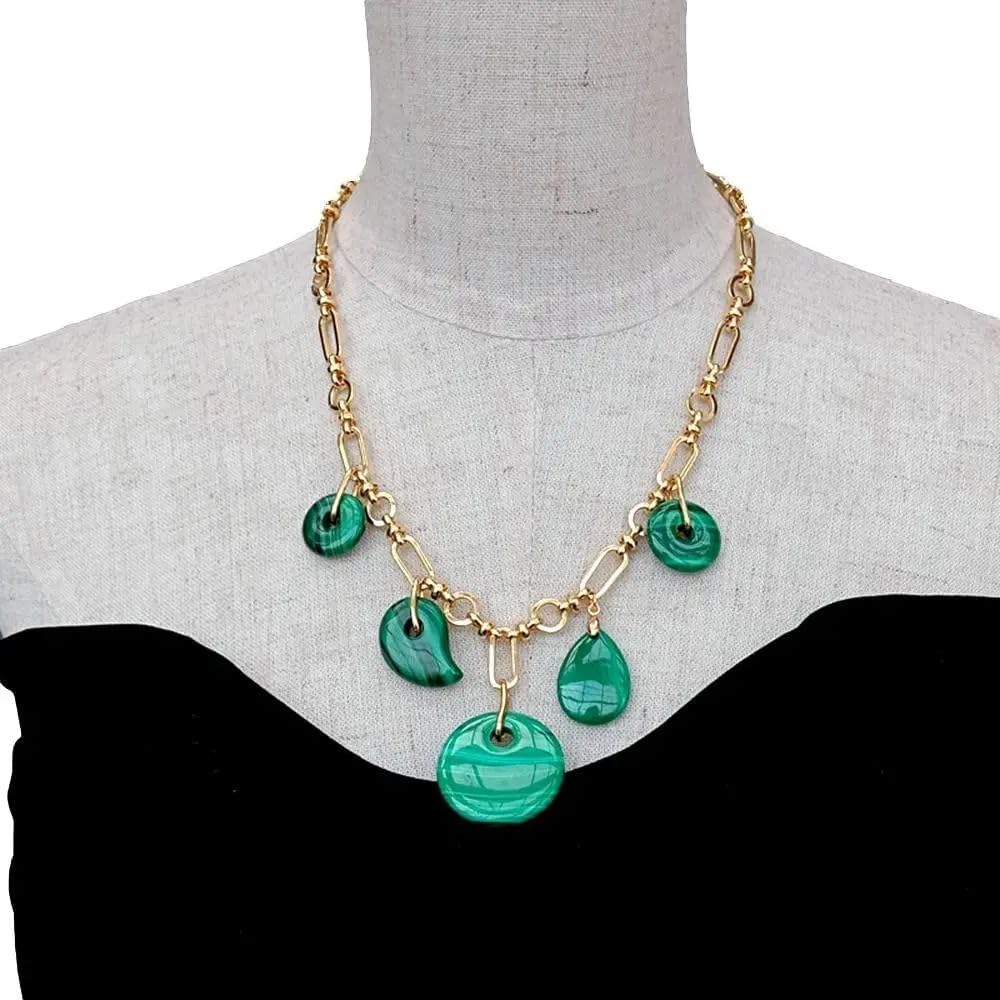 Natural Green Malachite Charm Pendant Gold Plated Chain Necklace | 30mm x 20mm x 18mm, Choker Style, for Women, Stone Pendant, Gold Plated Chain