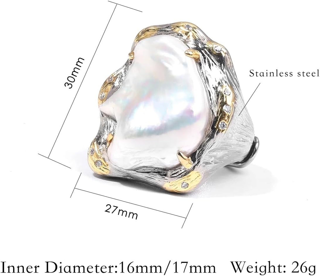 S925 Sterling Silver Baroque Pearl Ring, Natural Freshwater Pearl, Two-Tone Silver Gold, Irregular Pattern