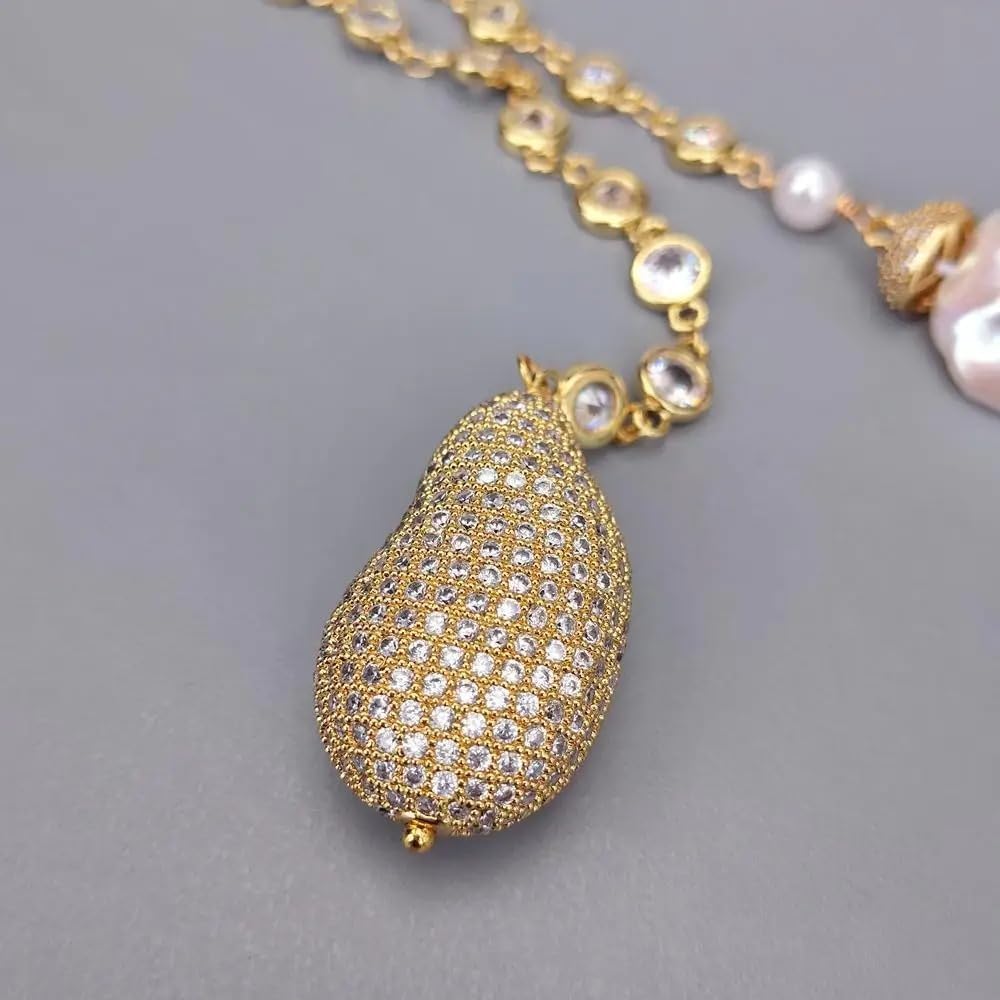 White Baroque Pearl CZ Pave Rosary Chain Long Necklace