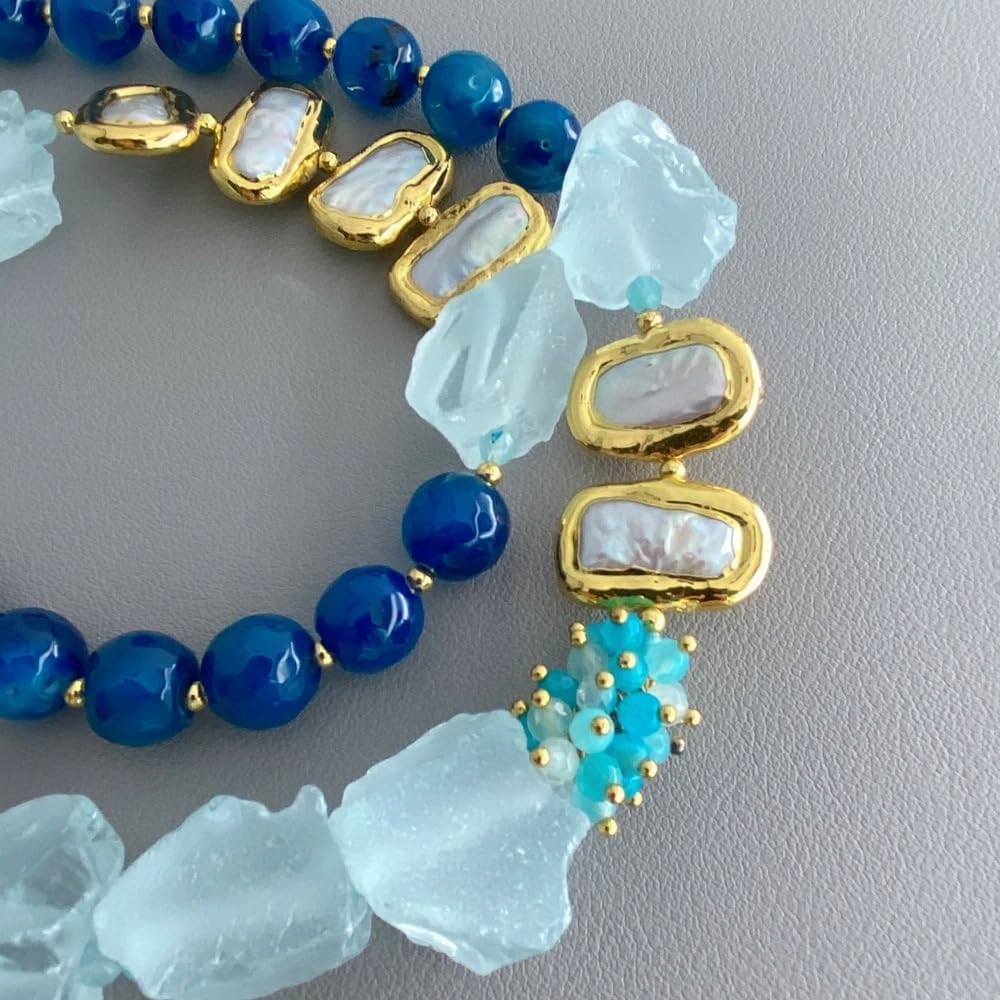 Raw Aquamarine Blue Agate Baroque Pearl Beaded Necklace