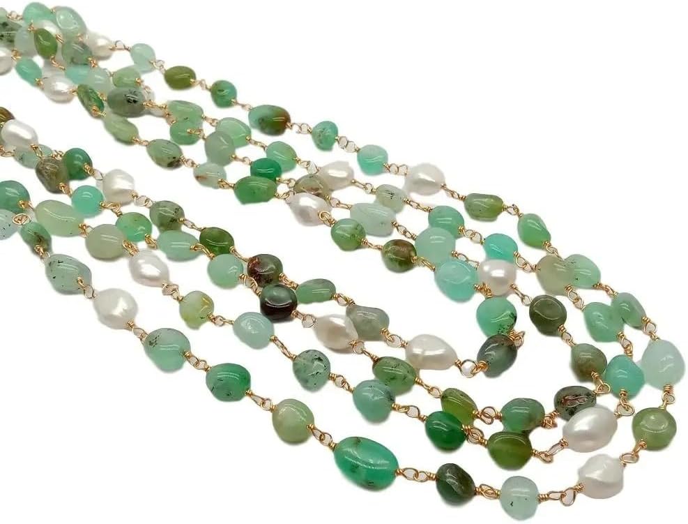 Green Chrysoprase freeform Cultured White Rice Pearl Necklace