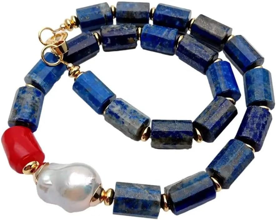 Natural Lapis Lazuli Necklace with Red Coral and Baroque Pearl, Blue Stone Beaded Jewelry