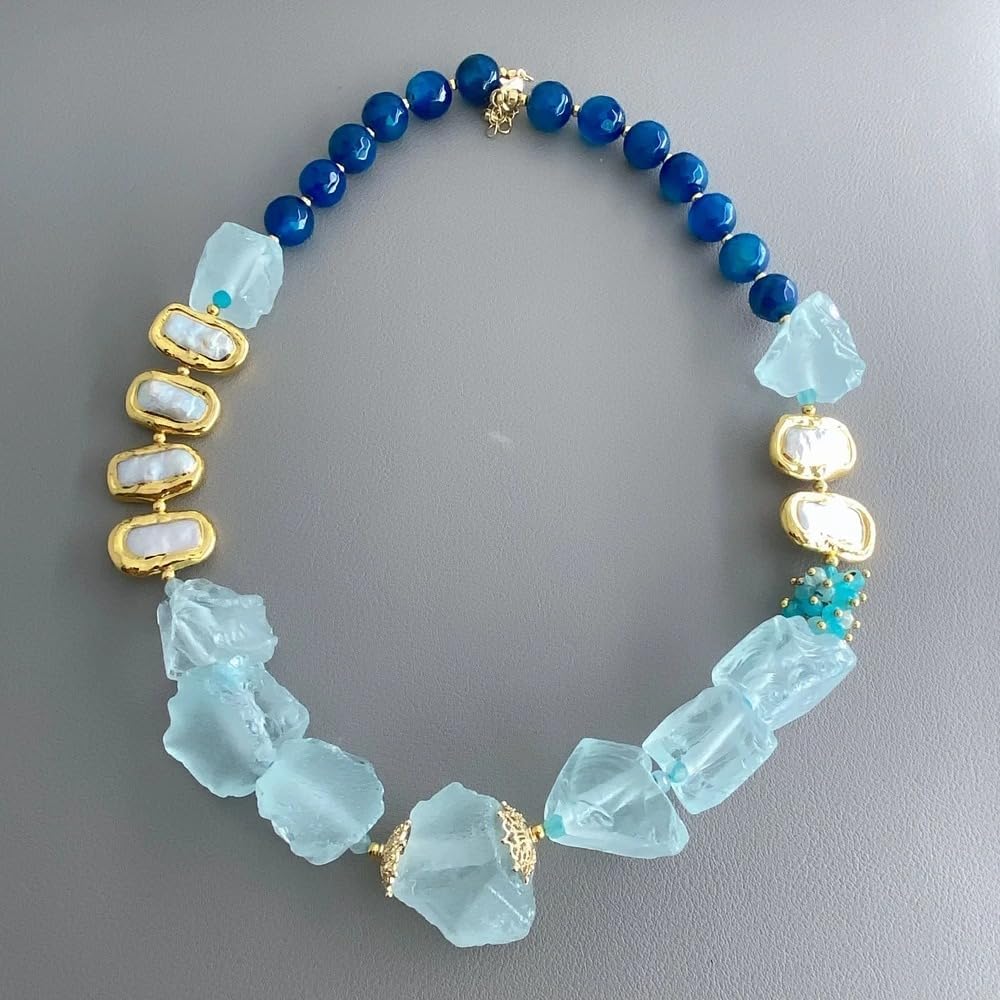 Raw Aquamarine Blue Agate Baroque Pearl Beaded Necklace