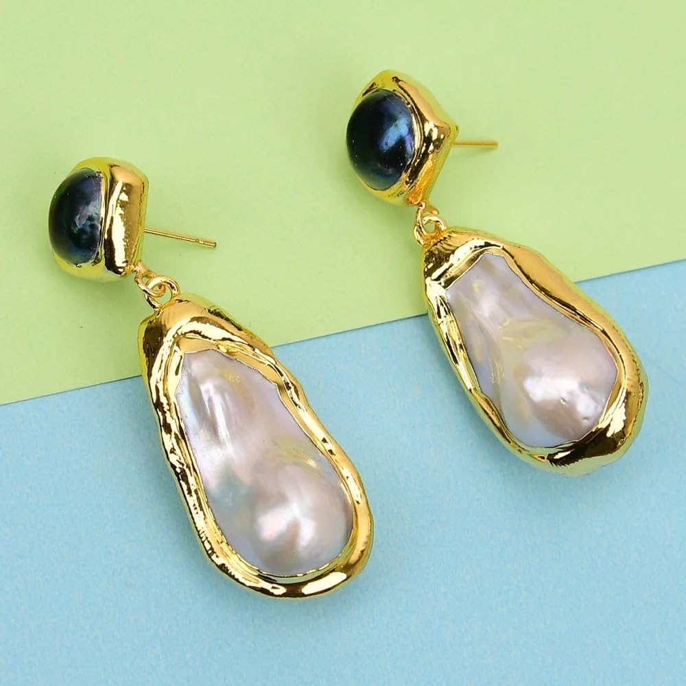 Elegant Baroque Pearl Drop Earrings, Gold-Plated with Black Pearl Studs, Freshwater Cultured White Pearl Dangle Design