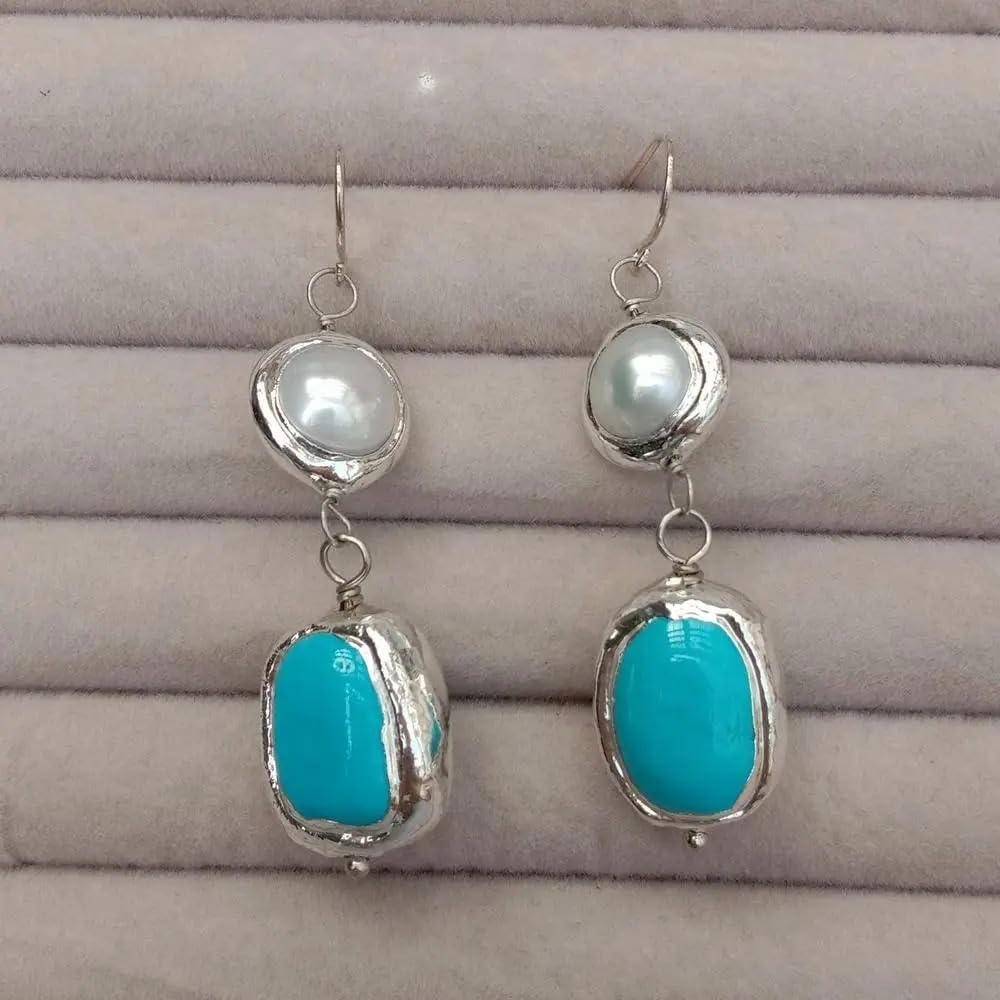 Cultured White Pearl Blue Turquoise Gold Plated 925 Silver Hook Dangle Earrings