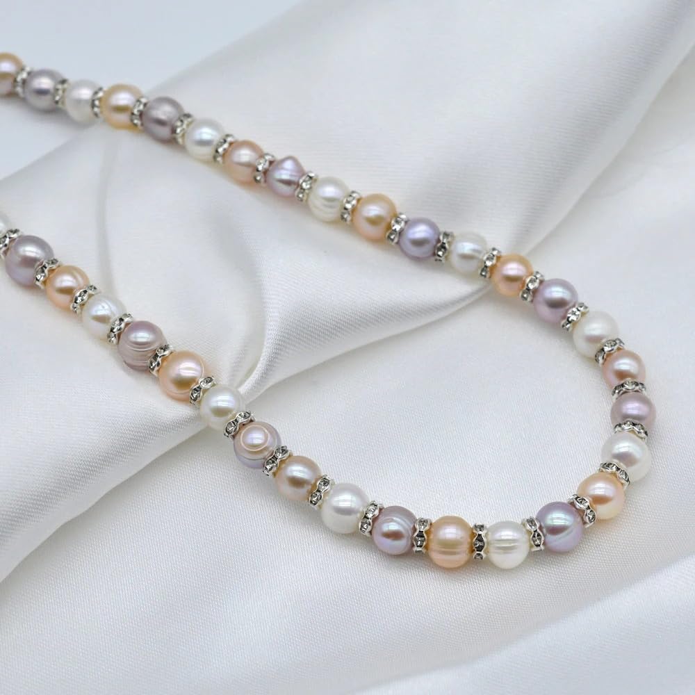 Freshwater Pearl Necklace with Cubic Zirconia, Natural Rainbow Multicolor Round Pearls, Classic Style