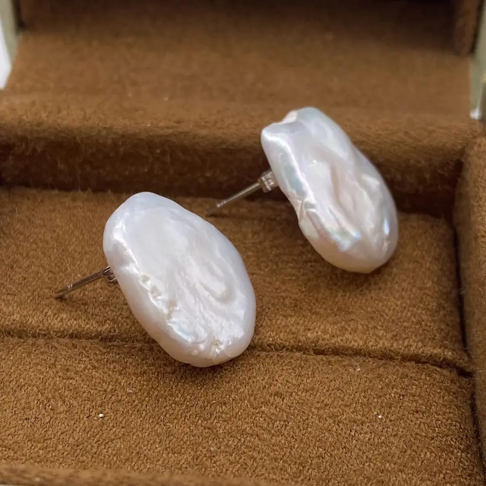Natural Freshwater Baroque Pearl Stud Earrings, White Lustrous, Melon Seed Shape, Simple Tissue Nucleated Style