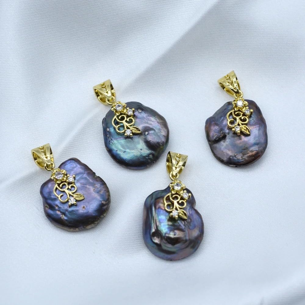 Black Baroque Pearl Pendant, 24mm Natural Freshwater Pearl, Gold-Plated Sterling Silver with Zircon Stones