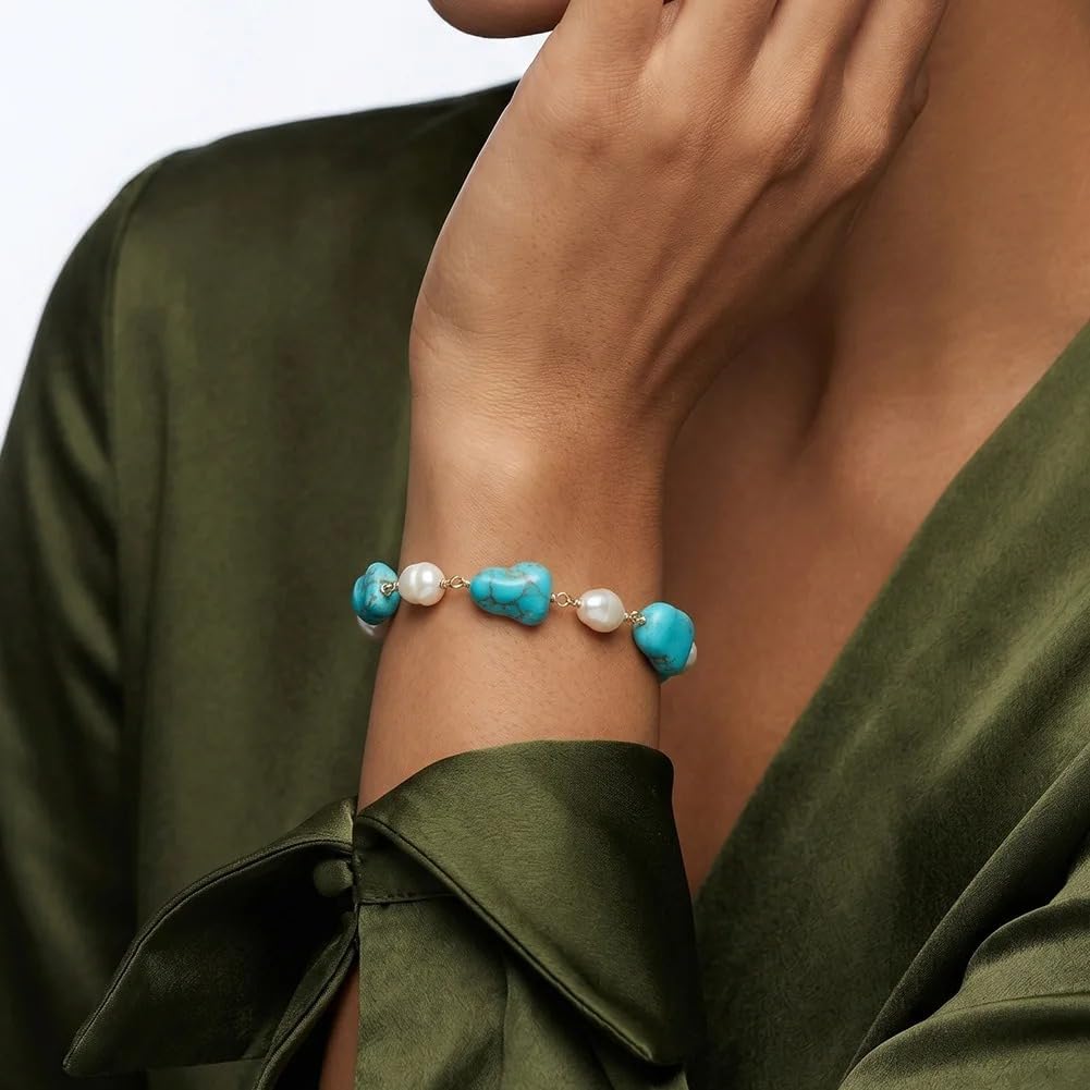 925 Silver Gold Plated Turquoise Stone White Pearl Strand Bracelet