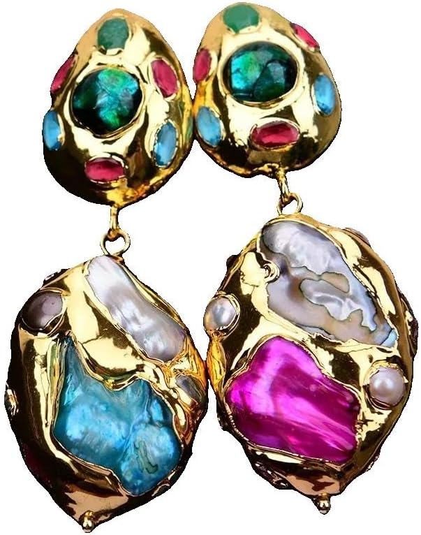 Baroque Pearl Drop Earrings, Gold Plated Multi-Gemstone Statement Jewelry, Handmade Tourmaline Shell Pearl, 25x35mm(tooth shell bead) Length: 2.6"//6.6cm, Semi-precious Stone, No Gemstone