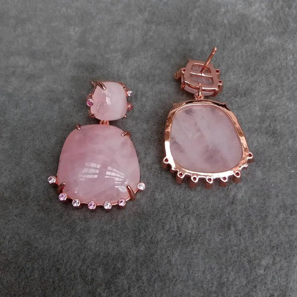 Elegant Rose Quartz Drop Earrings, Rose Gold Plated, Pink Crystal with CZ Accents, 23mm, Statement Jewelry