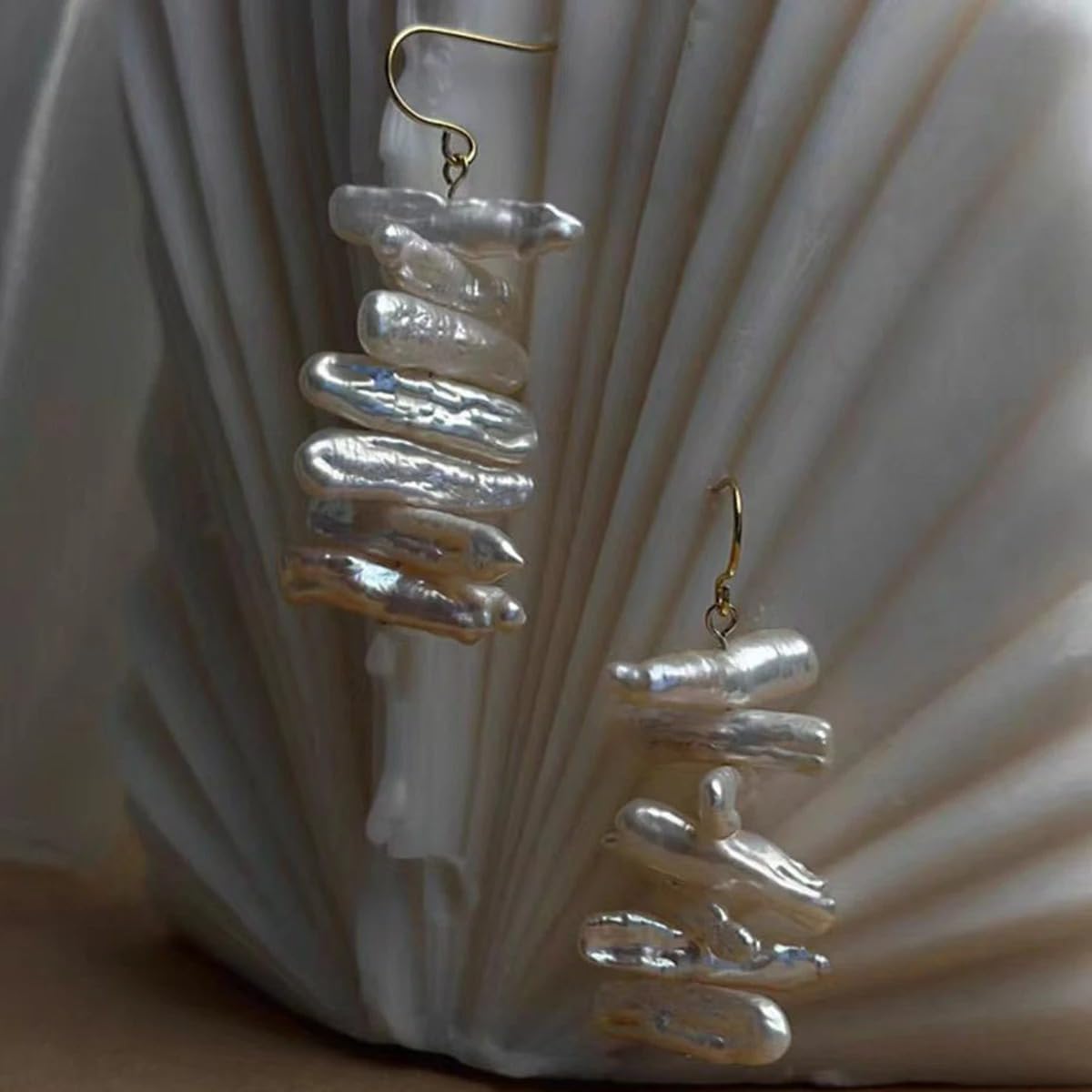 Handmade S925 Silver Baroque Freshwater Pearl Pipa Shaped Earrings