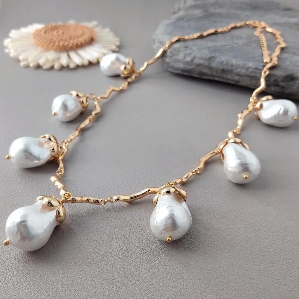 Gold Plated White Sea Shell Pearl Chain Link Necklace