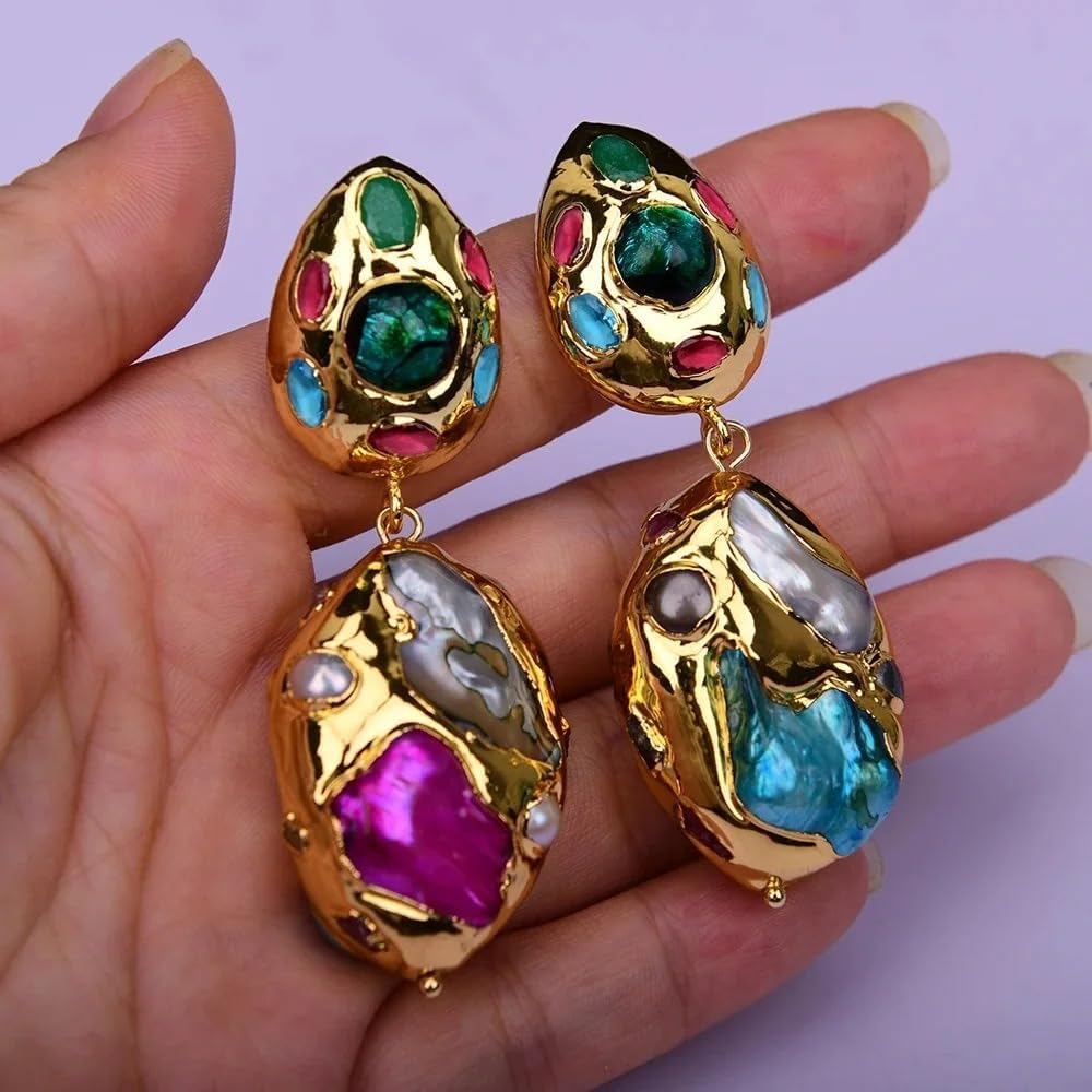 Baroque Pearl Drop Earrings, Gold Plated Multi-Gemstone Statement Jewelry, Handmade Tourmaline Shell Pearl, 25x35mm(tooth shell bead) Length: 2.6"//6.6cm, Semi-precious Stone, No Gemstone