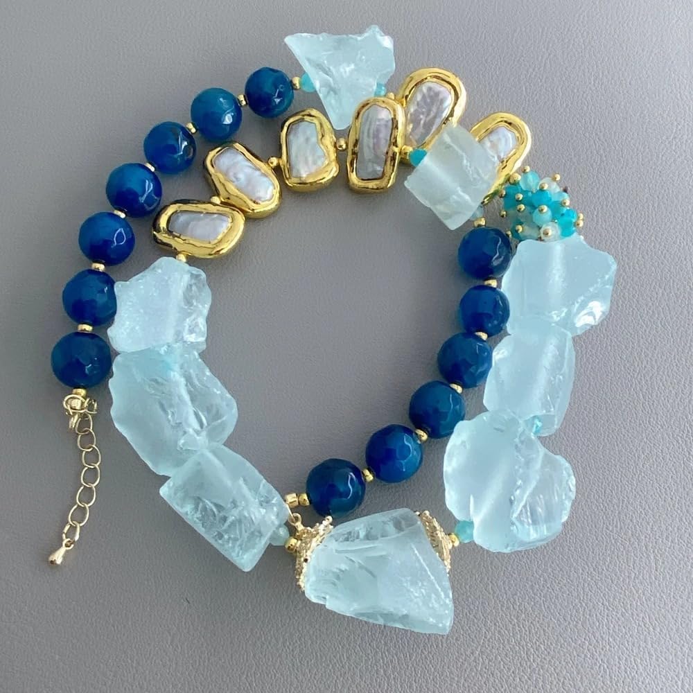 Raw Aquamarine Blue Agate Baroque Pearl Beaded Necklace
