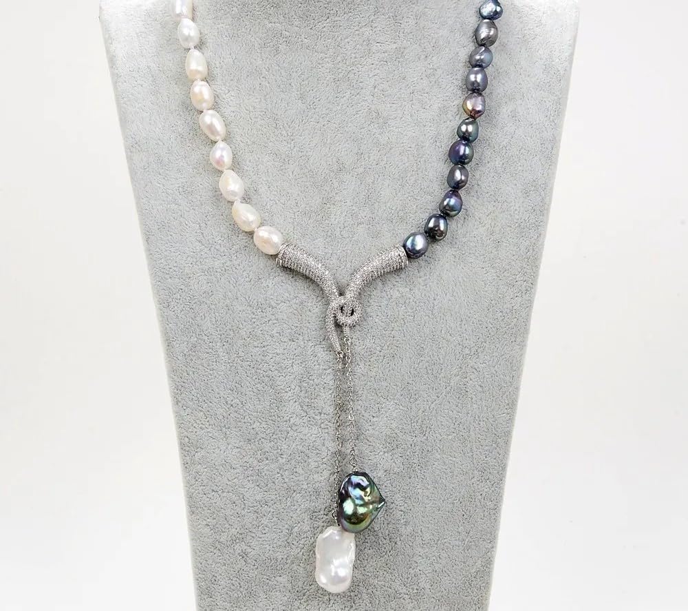 Freshwater Pearl Adjustable Bracelet, Black and White Dual-Tone, Silver Chain Tassels