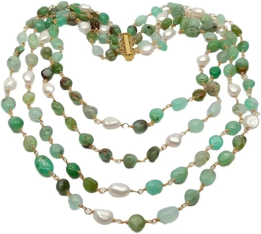 Green Chrysoprase freeform Cultured White Rice Pearl Necklace