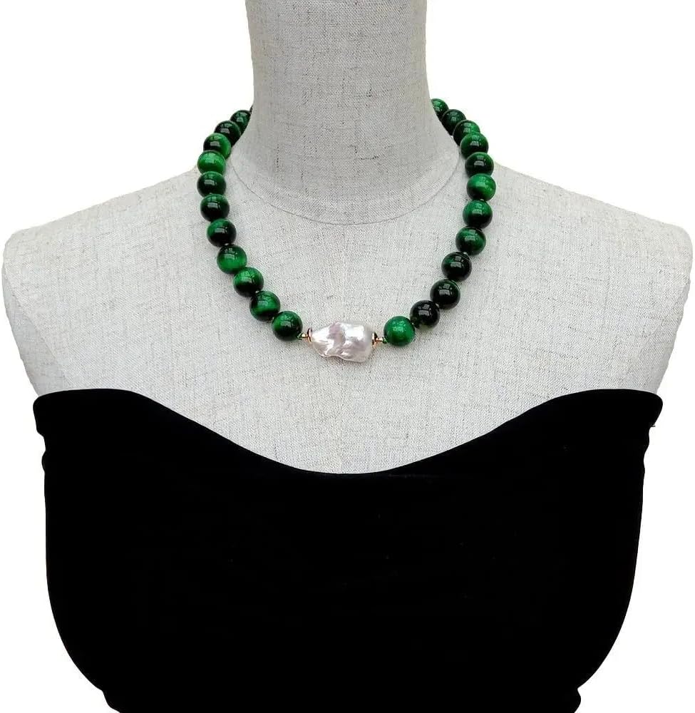 14mm Round Green Tiger Eye Cultured White Keshi Pearl Necklace