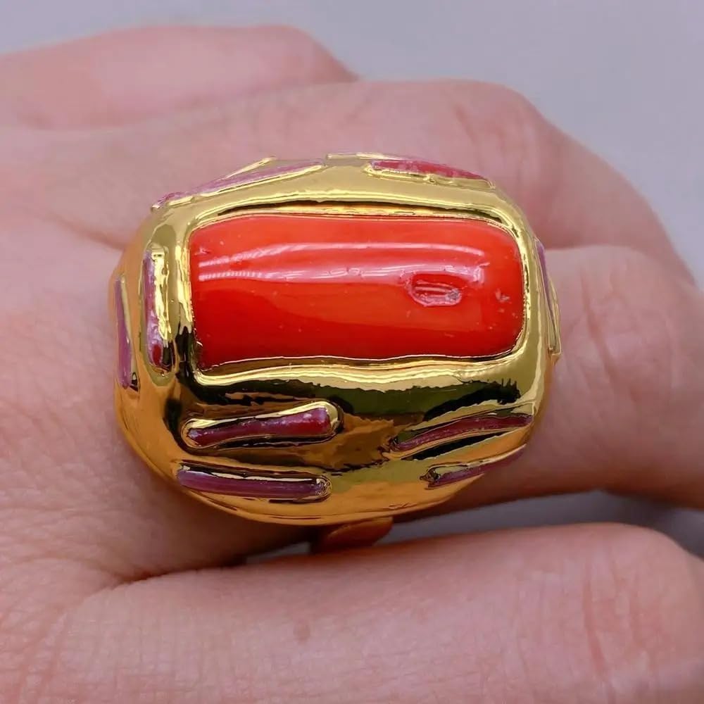 Big Orange Coral Adjustable Ring 24x28mm Gold Plated Fashion Ring | Anniversary Jewelry, Gold Plated Finish, Adjustable Band, 24x28mm Size