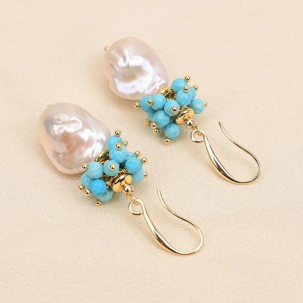 Baroque Pearl and Turquoise Drop Earrings, White Keshi Cultured Pearls with Blue Beads, Gold-Colored Hook Design