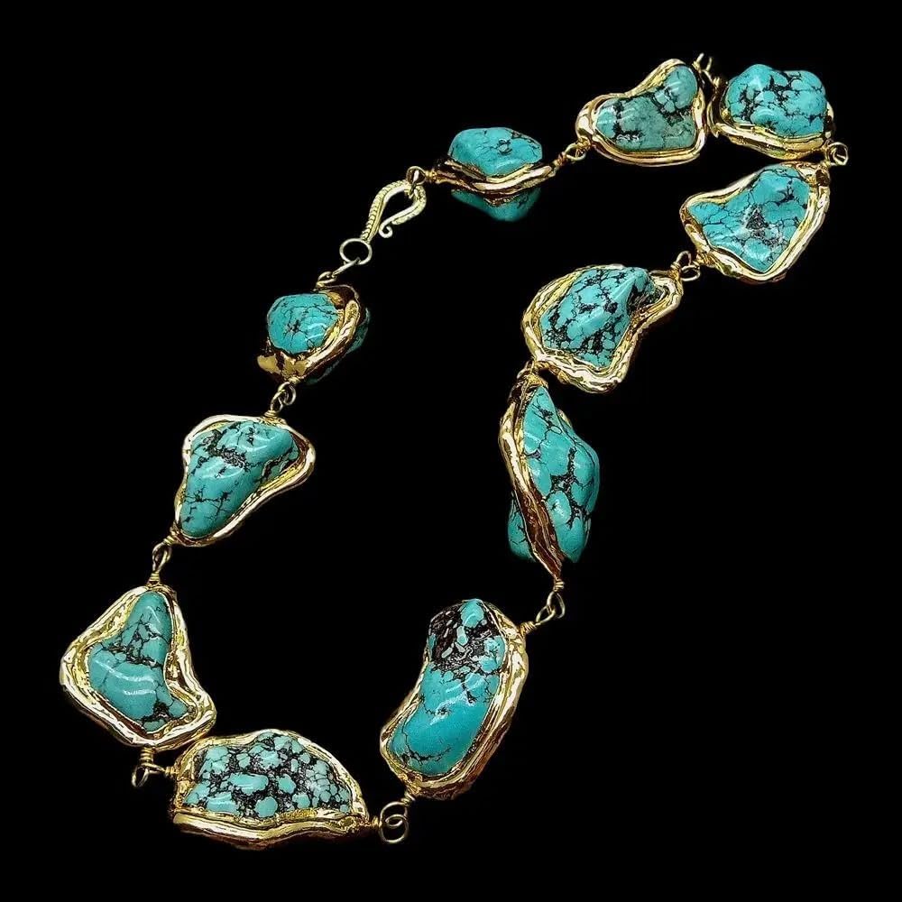 Handcrafted Turquoise Nugget Necklace, Blue Freeform Stone, Gold Electroplated Edge, 25x28mm, Ethnic Style Choker for Women