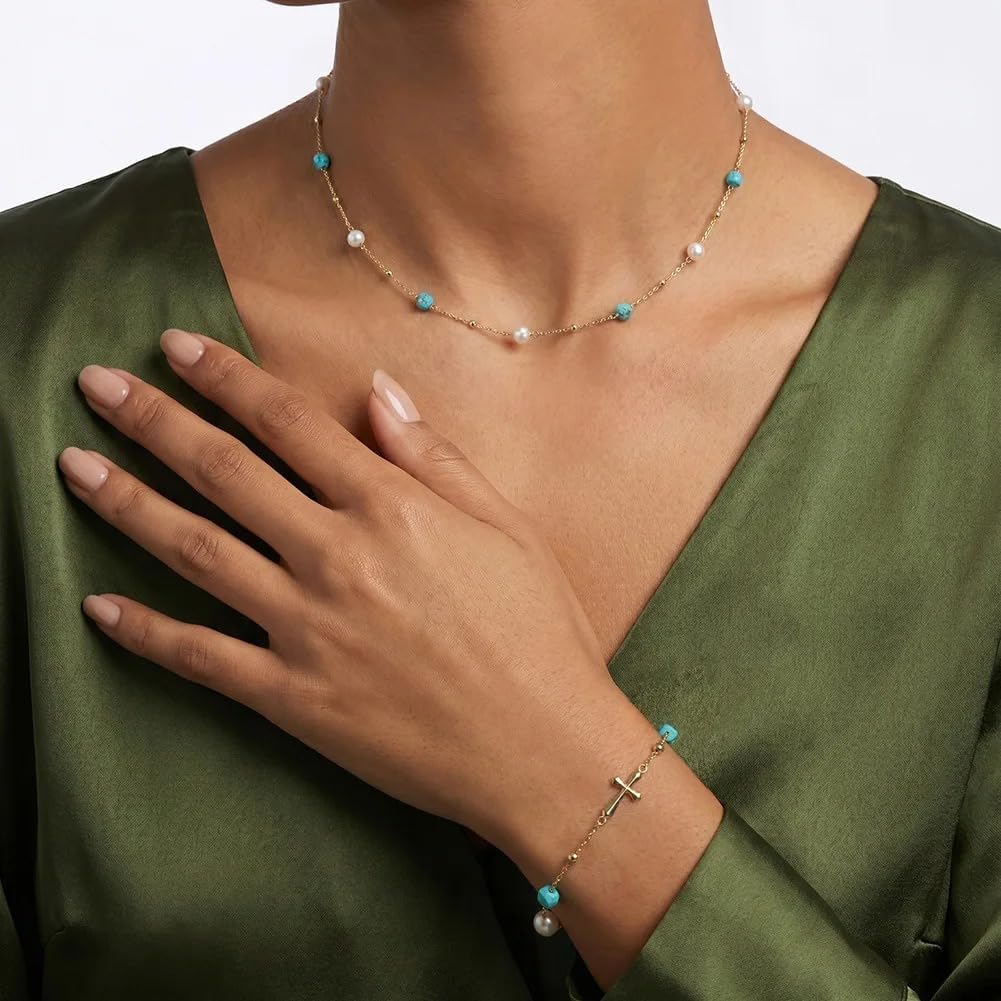 925 Silver Gold Plated Turquoise Pearl Chain Link Bracelet