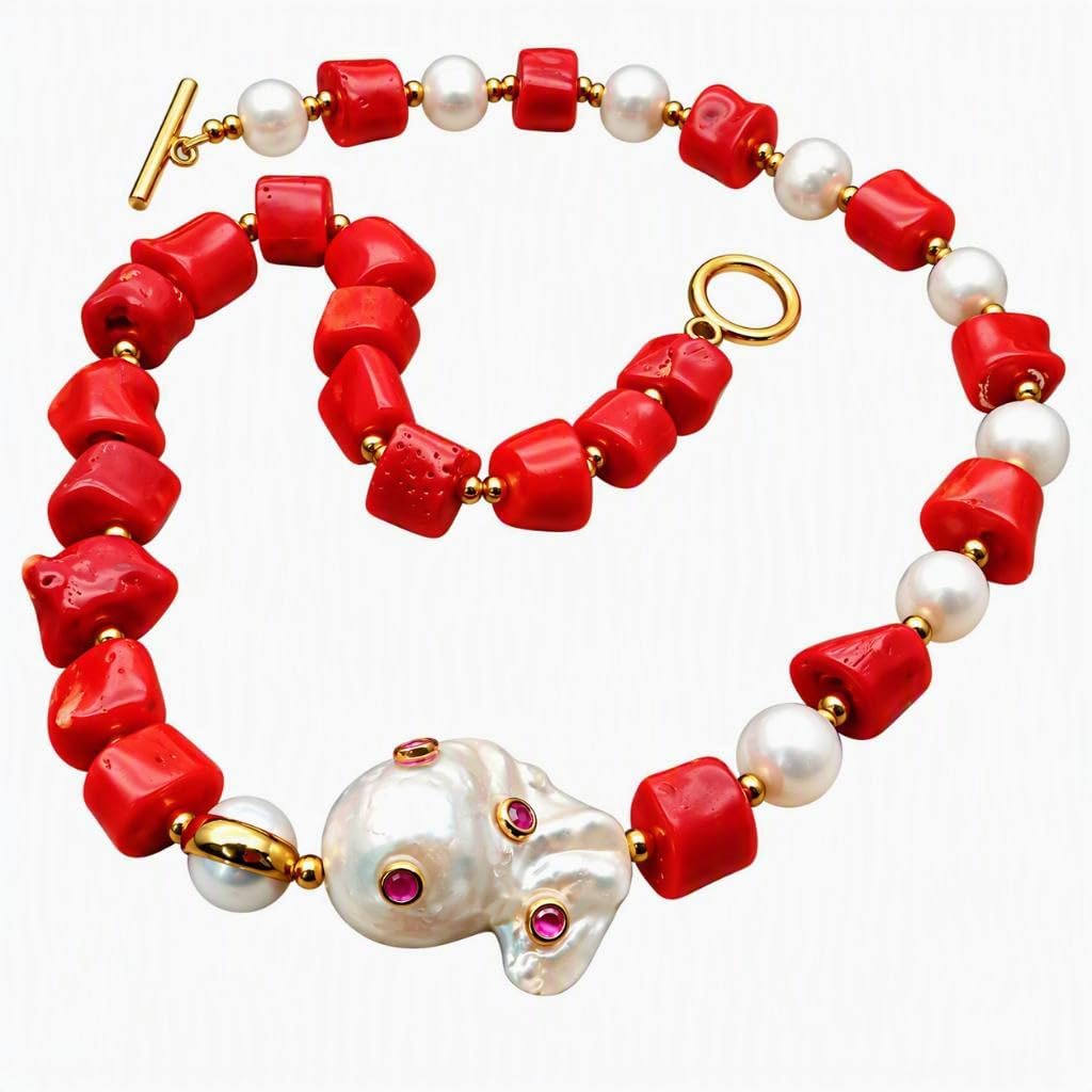 Red Coral White Pearl Necklace with Keshi Pearl CZ Pave Pendant