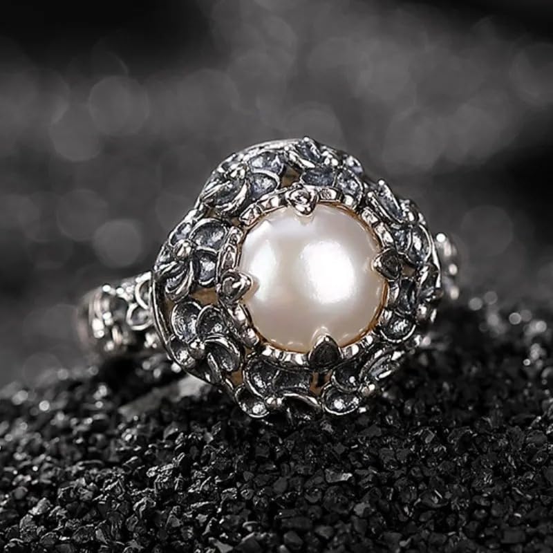 Generic 925 Sterling Silver Round Freshwater Pearl Vintage Hollowed Out Flowers Ring