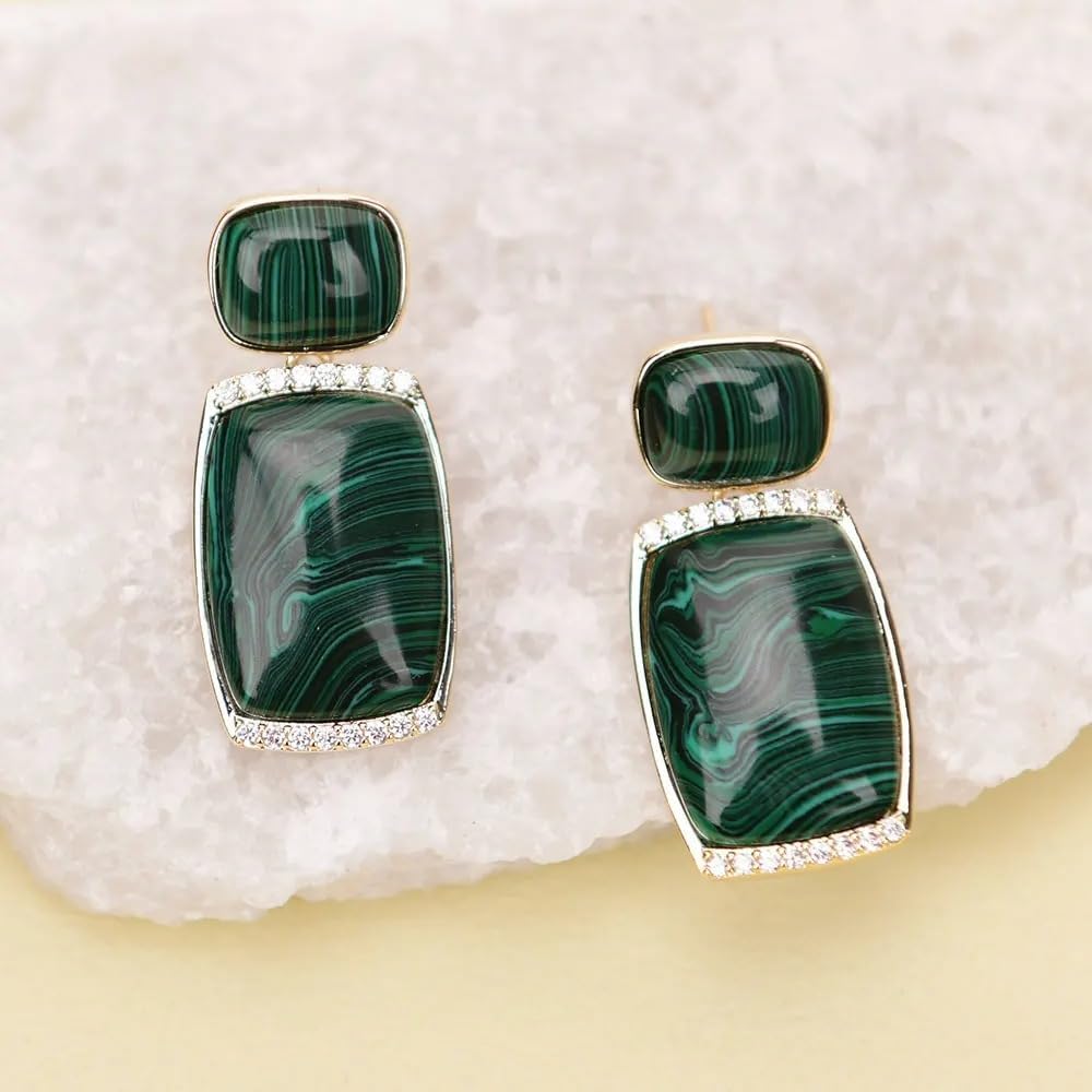 Sterling Silver Vintage Malachite Dangle Earrings, Green Natural Stone with Zircon Paved, 20x23mm, Gold Plated Rectangular Stud