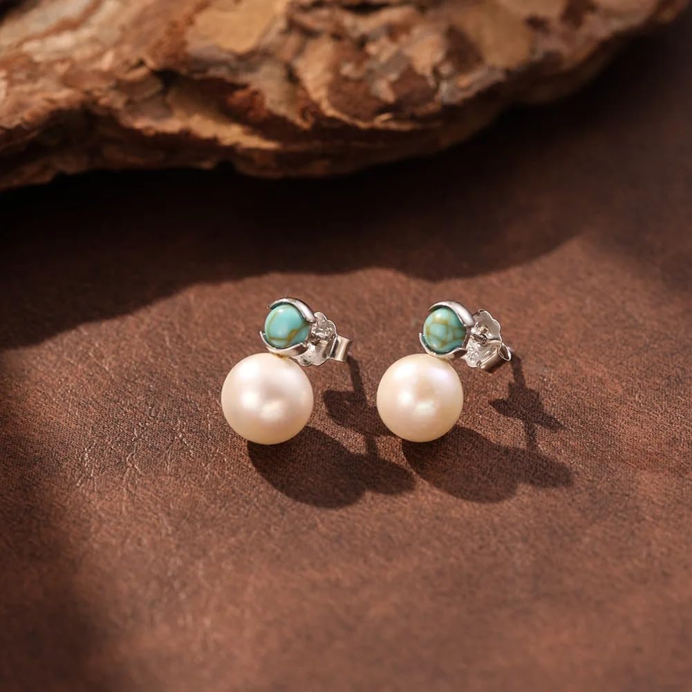 Big Pearl Ball Charm Round Turquoise 925 Sterling Silver Stud Earrings