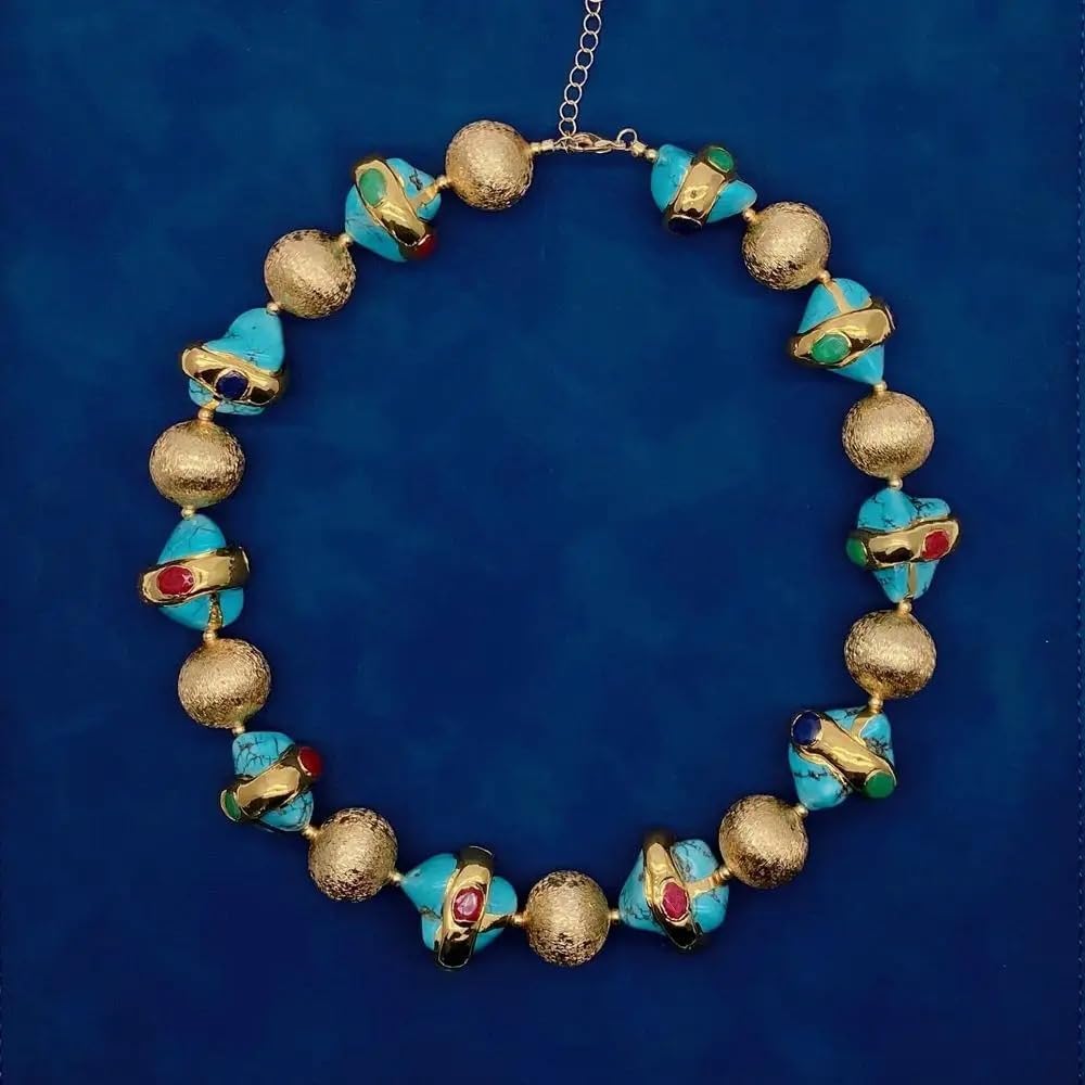 18mm Brushed Beads Blue Turquoise Multi Color Jade Gold Plated Choker