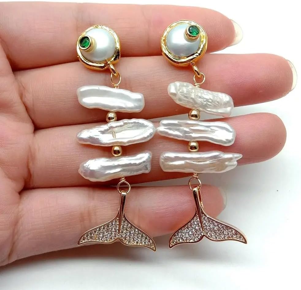 Elegant Pearl Drop Earrings, White Biwa Freshwater Cultured Pearl with CZ Pave Mermaid Tail, Gold Plated Stud Design