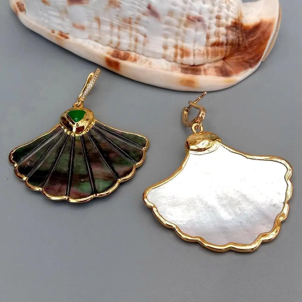 Natural Black Shell Carved Mother Of Pearl Green Agate Ginkgo Leaves Charm Dangle Earrings