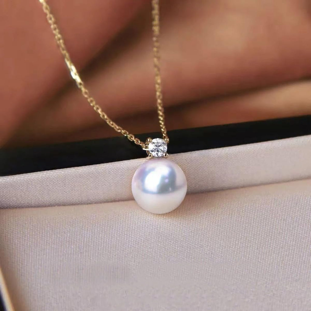 18k Gold Natural Akoya Pearl Pendant with 925 Sterling Silver Chain