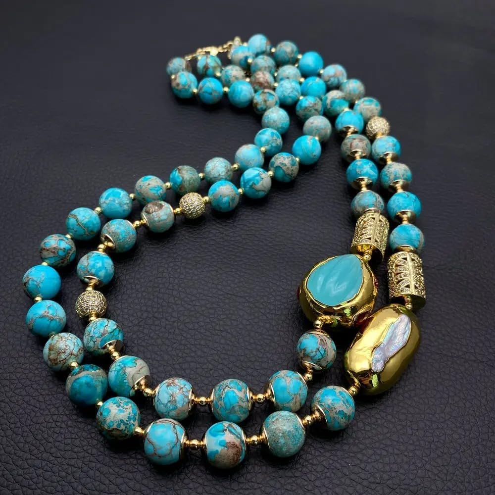 2 Strands Blue Sea Sediment Jasper & White Biwa Pearl Bead Necklace