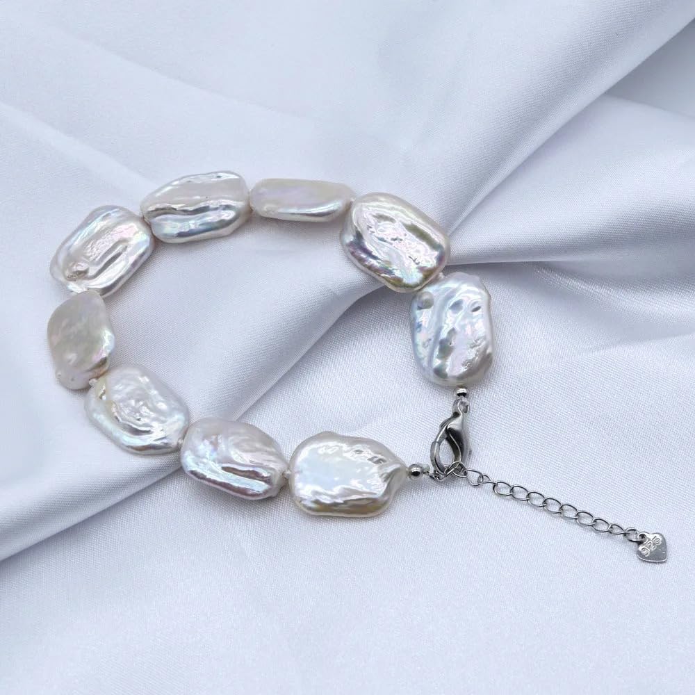 Natural Freshwater Baroque Pearl Bracelet, White Rectangular Pearls, Adjustable Chain
