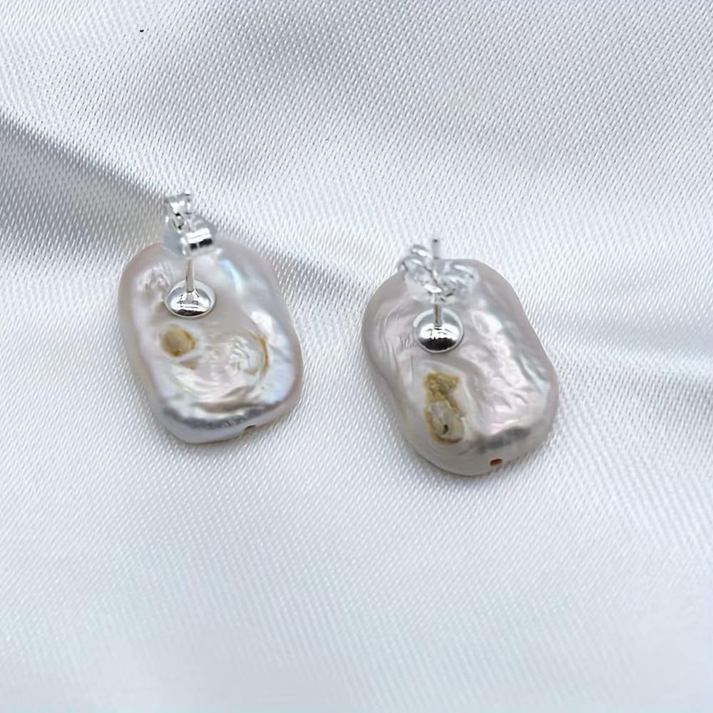 Natural Baroque Pearl Stud Earrings, White Rectangular Shape, Fashion Jewelry for Women